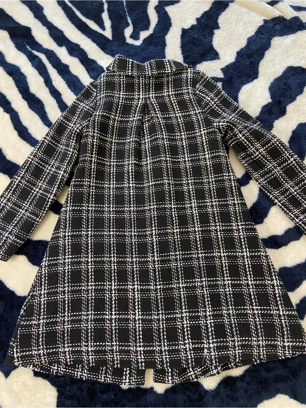 Rachel Zoe Girls Black White Plaid Tweed Bouclé Coat Metallic Peter Pan Collar